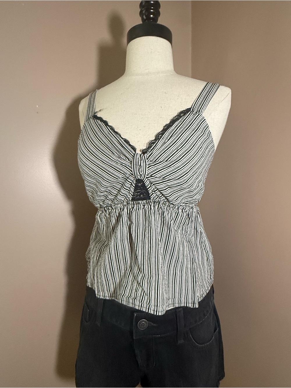 Striped Black & White Lace Trim Cami Top